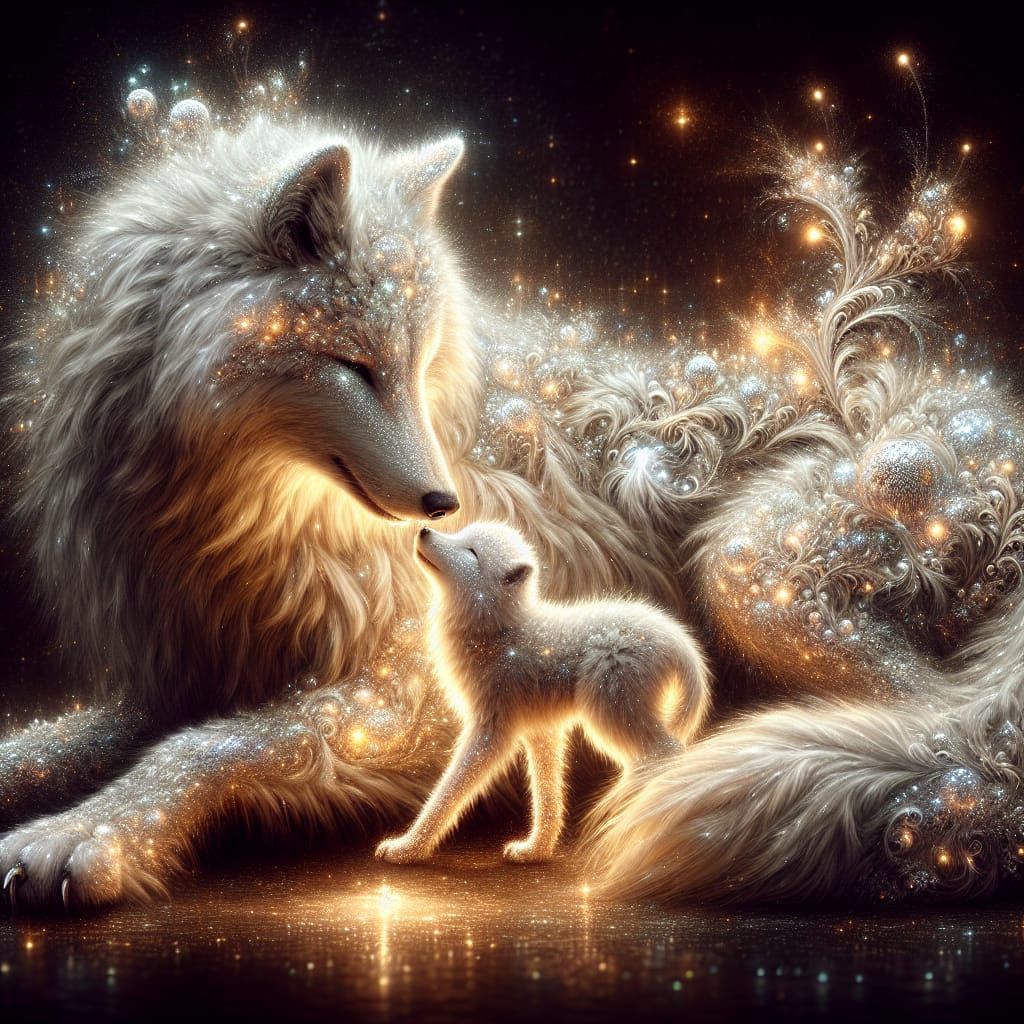 Shimmering Wolf Mother's Love: A Digital Painting