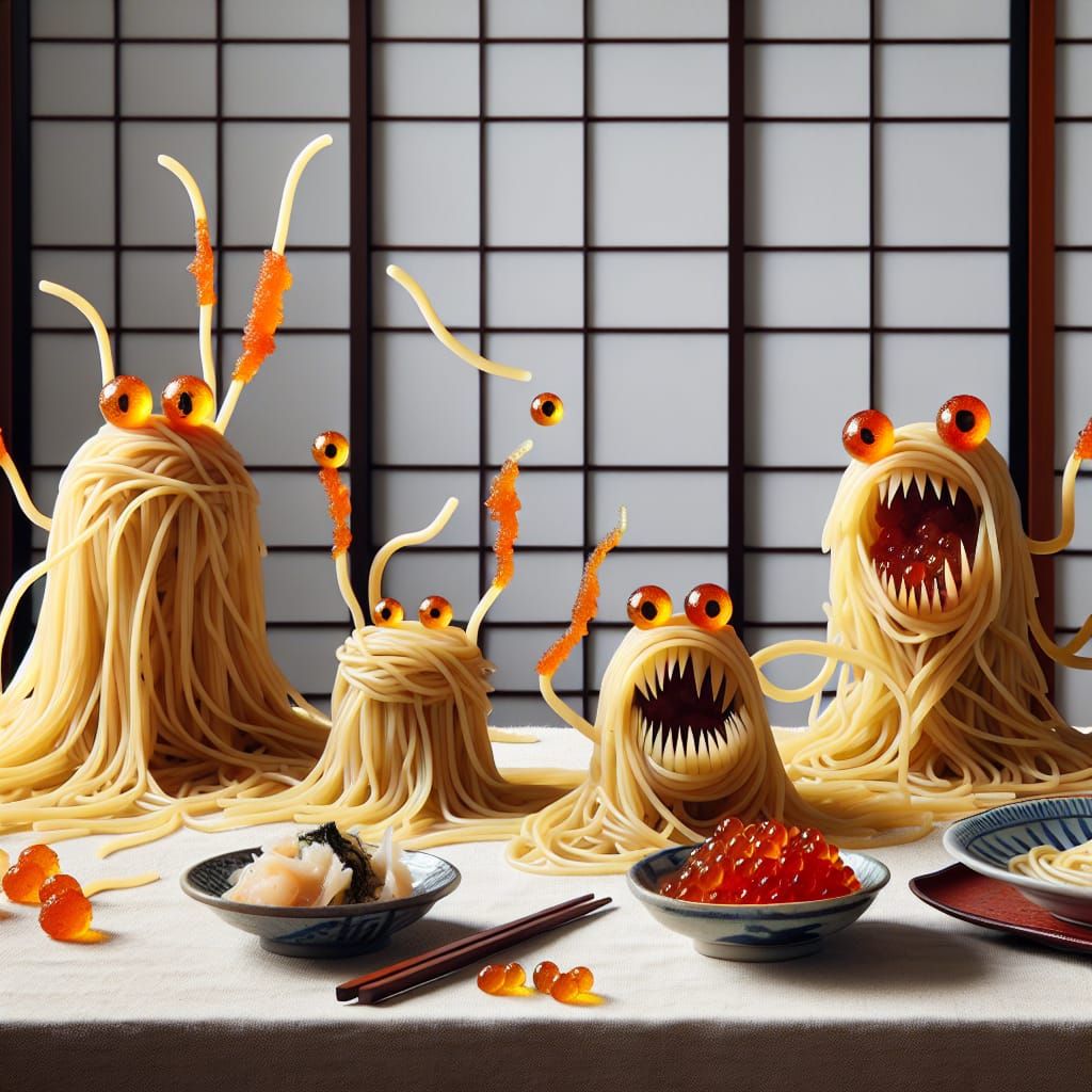 Mentaiko Spaghetti Monsters in Japanese Kitchen