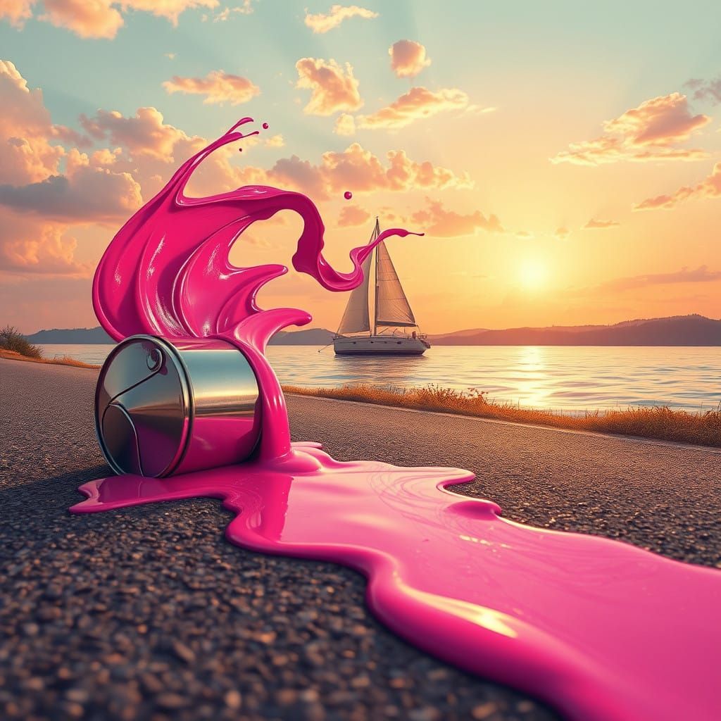 Majestic Sailboat Sails Across Serene Lake in Vibrant Magent...