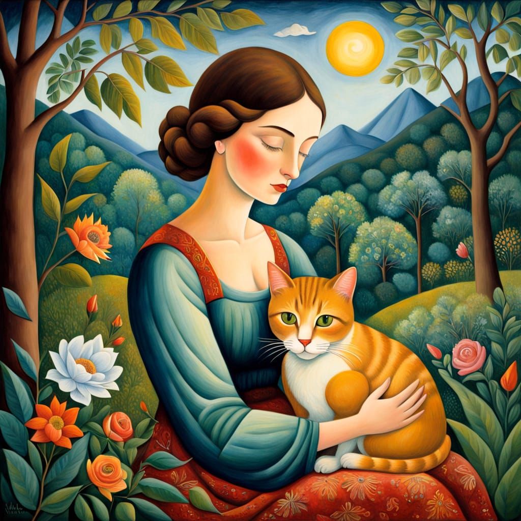 Elegant Summer Scene in Folk Art Style