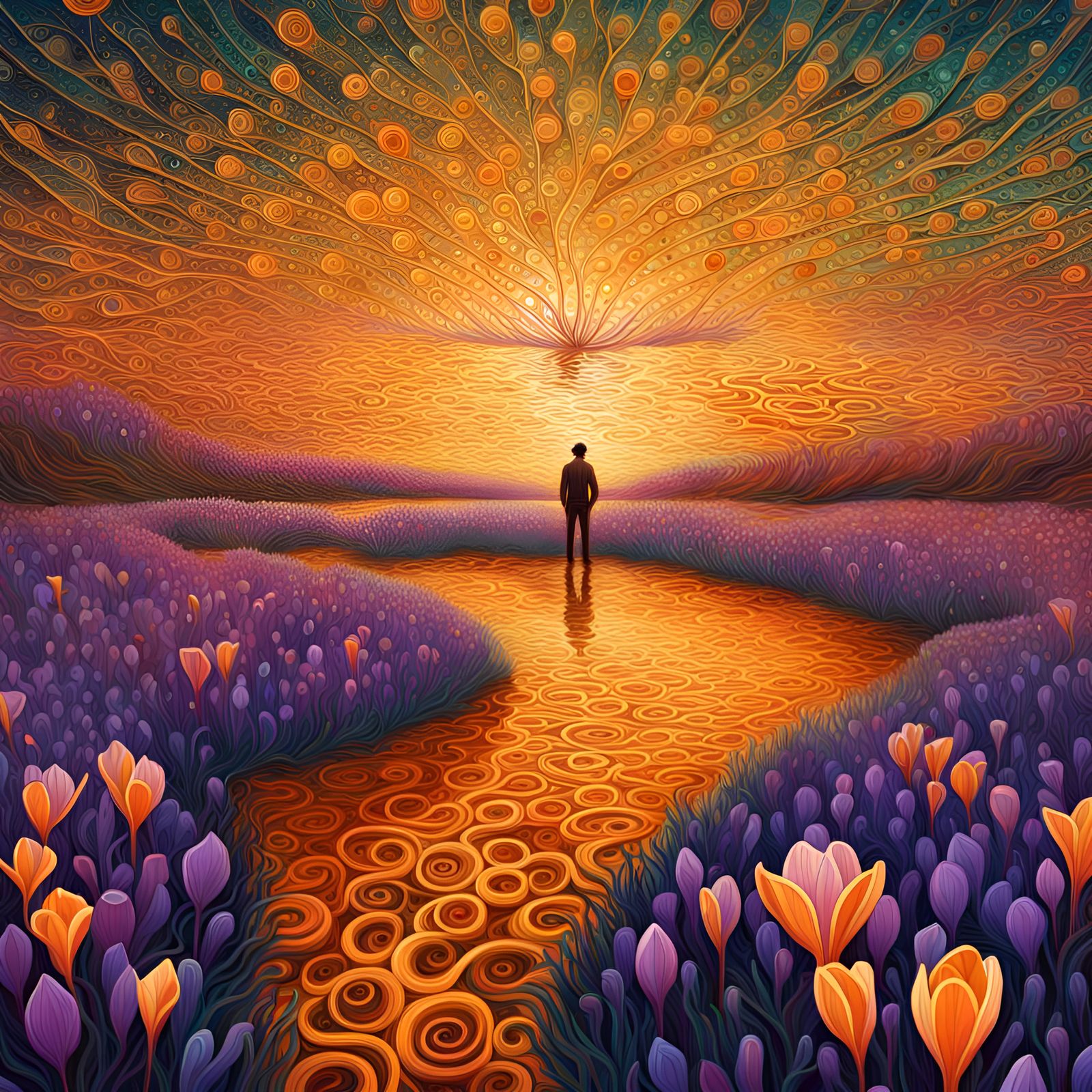 Bioluminescent Saffron Field Inspired by Geometric Futurism