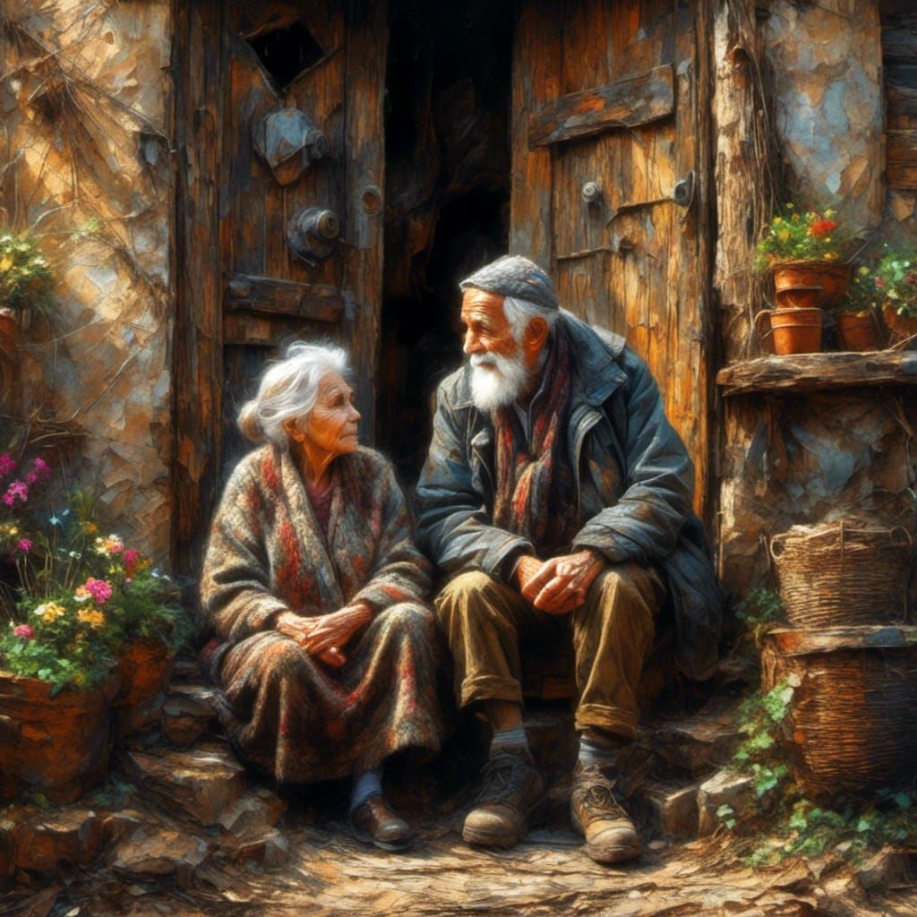 Elderly Couple in Doorway: Evocative Oil Painting