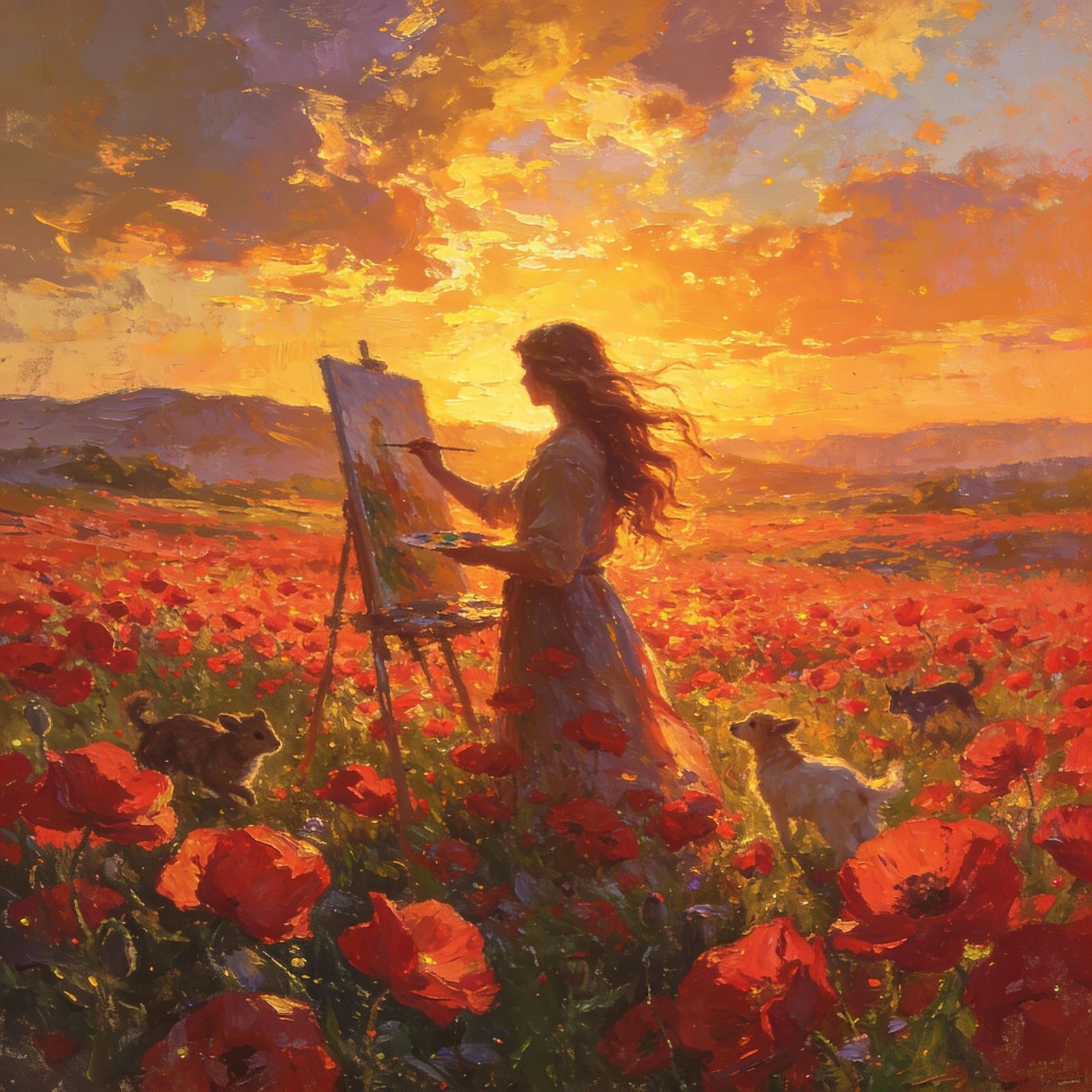Woman Painting Sunset Over Red Flower Field in Oil
