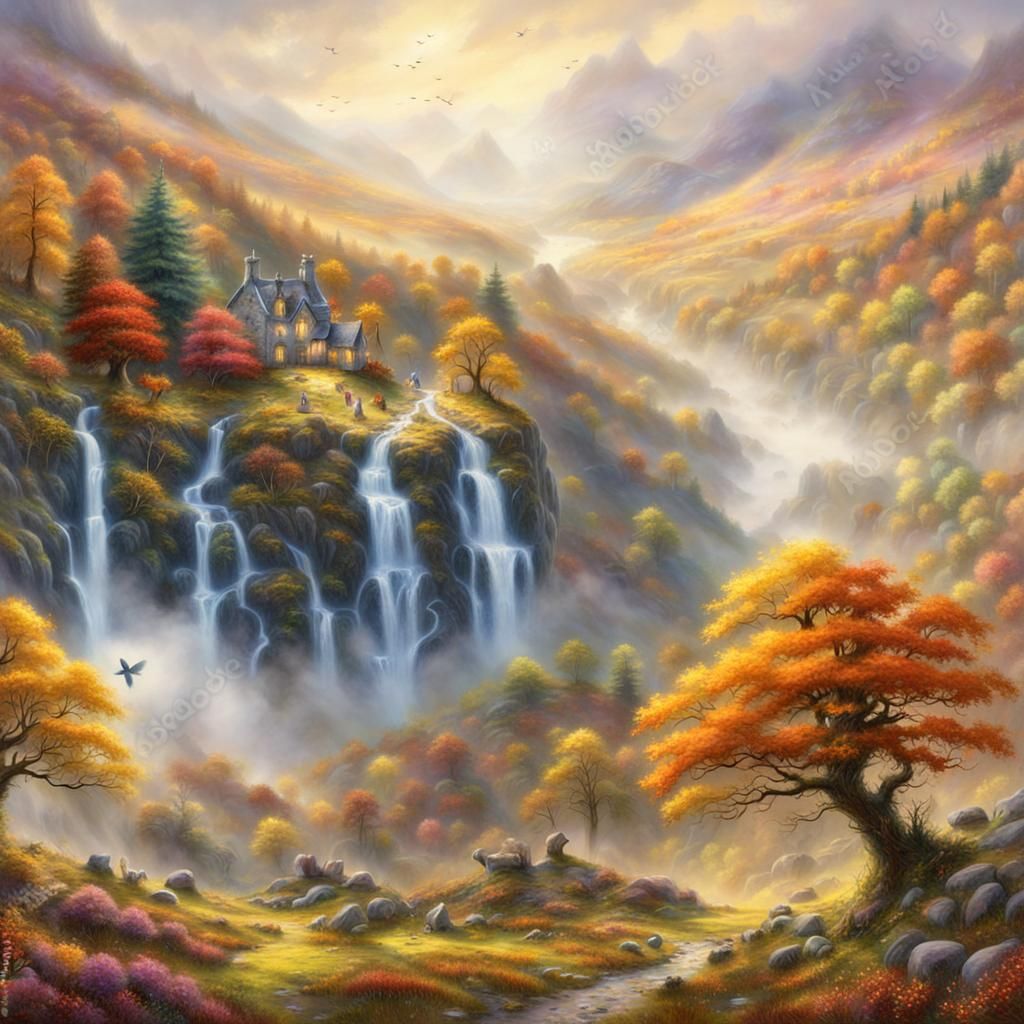 Faery Valley Panorama in Autumn, Ethereal Fantasy Art