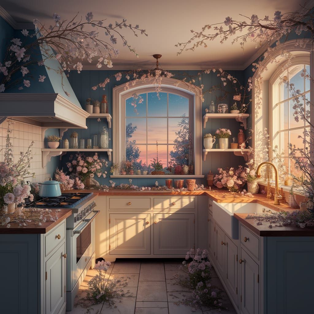Whimsical Twilight Kitchen in Golden Light