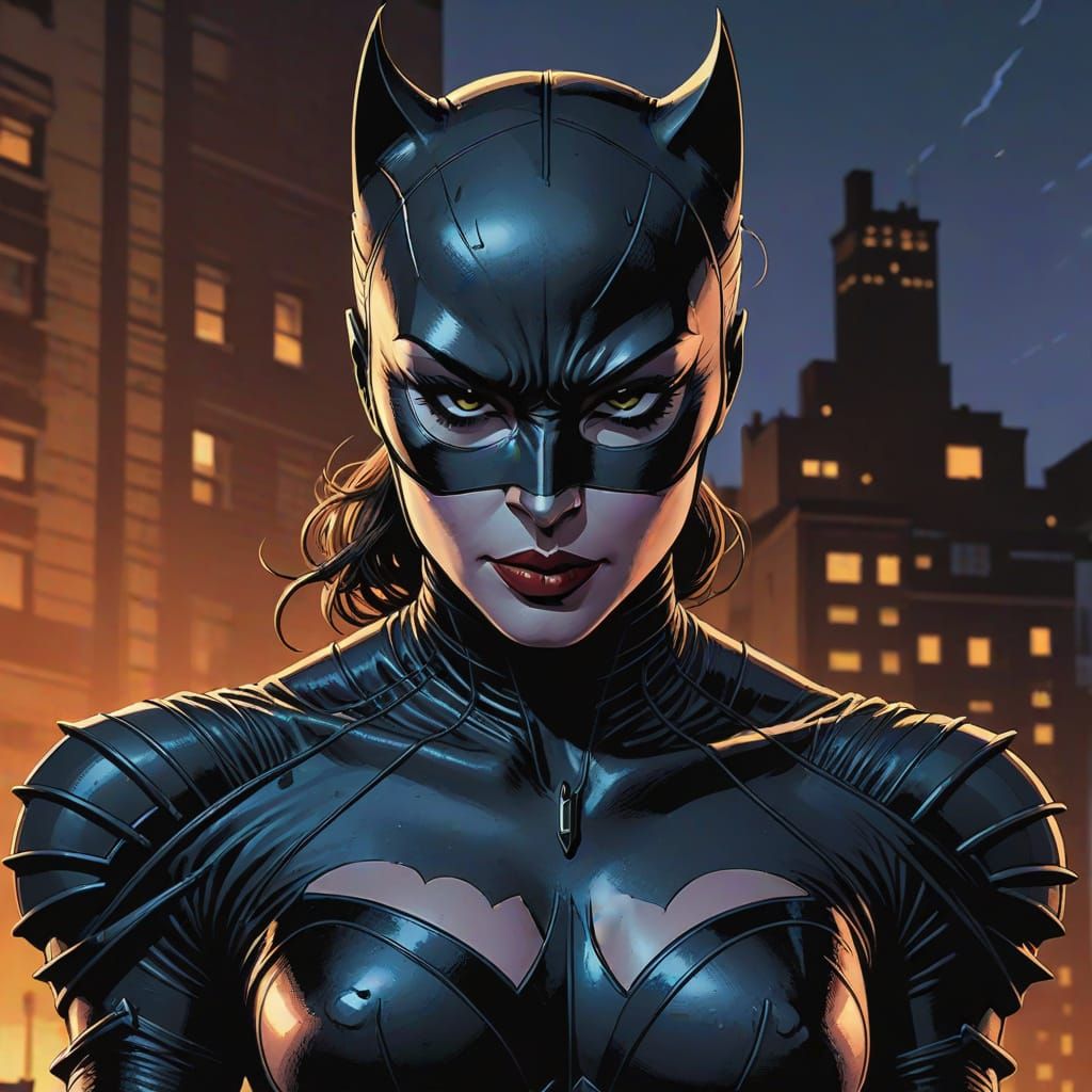 Catwoman on Gotham Rooftop in Comic Book Style
