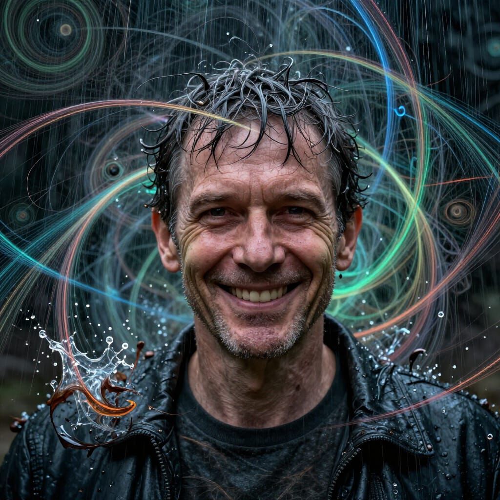 Man Smiling Amidst Acid Rain and Fractals