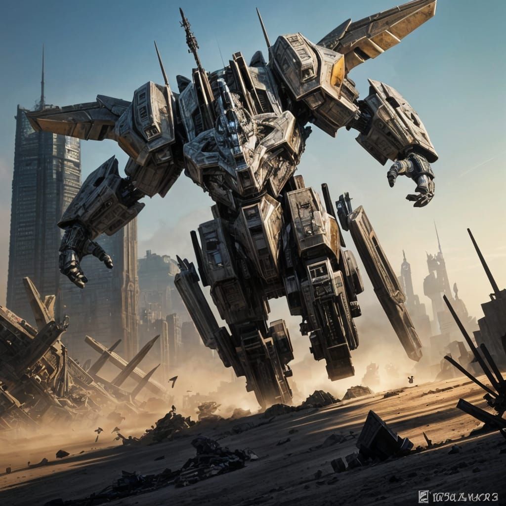 Majestic Armored Angelic Cyborg Beast in Dystopian City