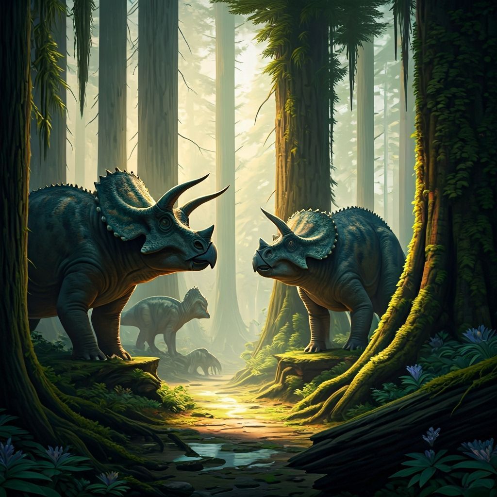Harmonious Dinosaurs in Ancient Floral Forest