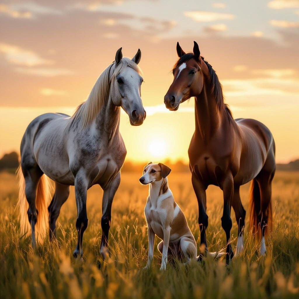 Arabian, Thoroughbred Horses & Saluki in Sunlit Meadow
