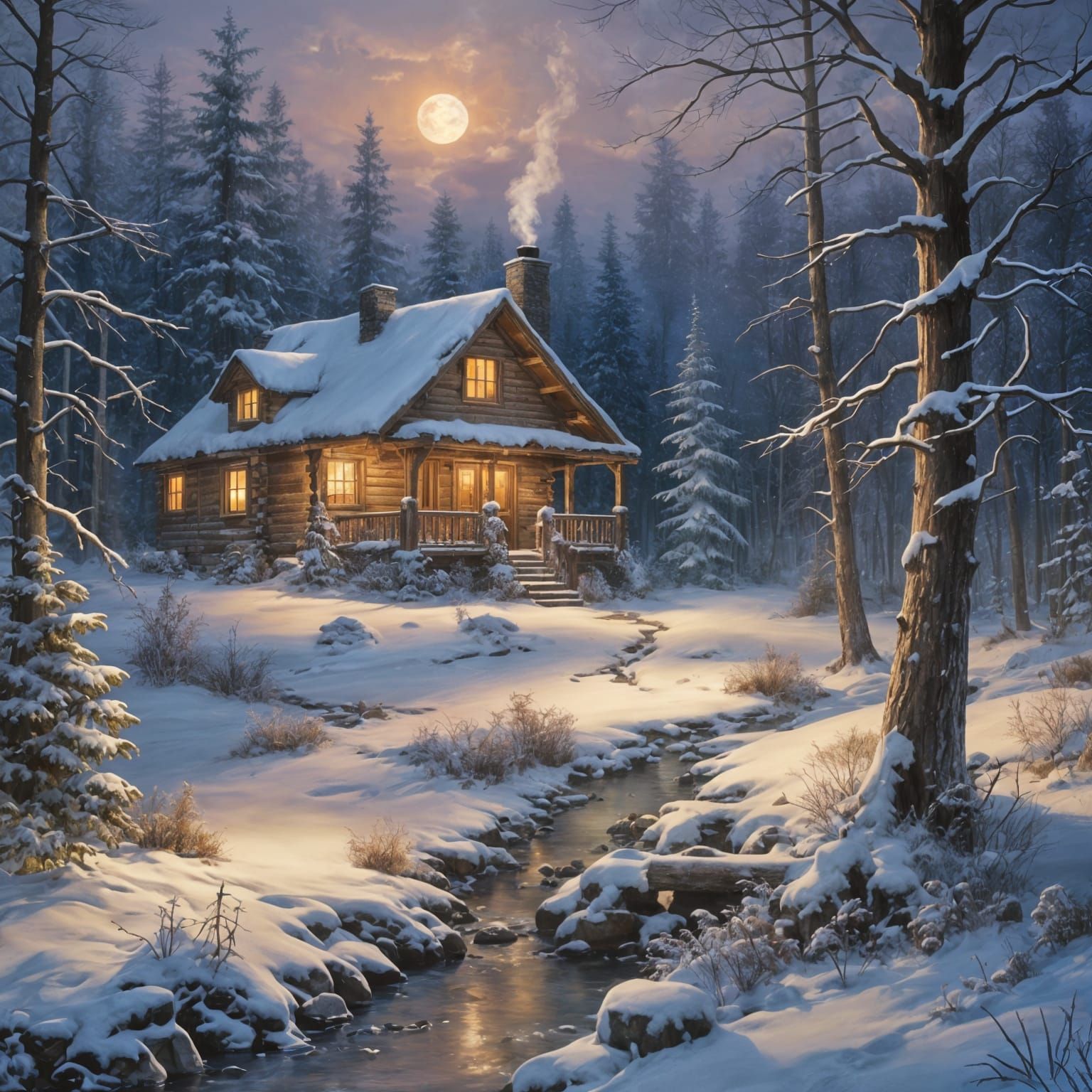 Winter Log Cabin in Dreamy Watercolour Style