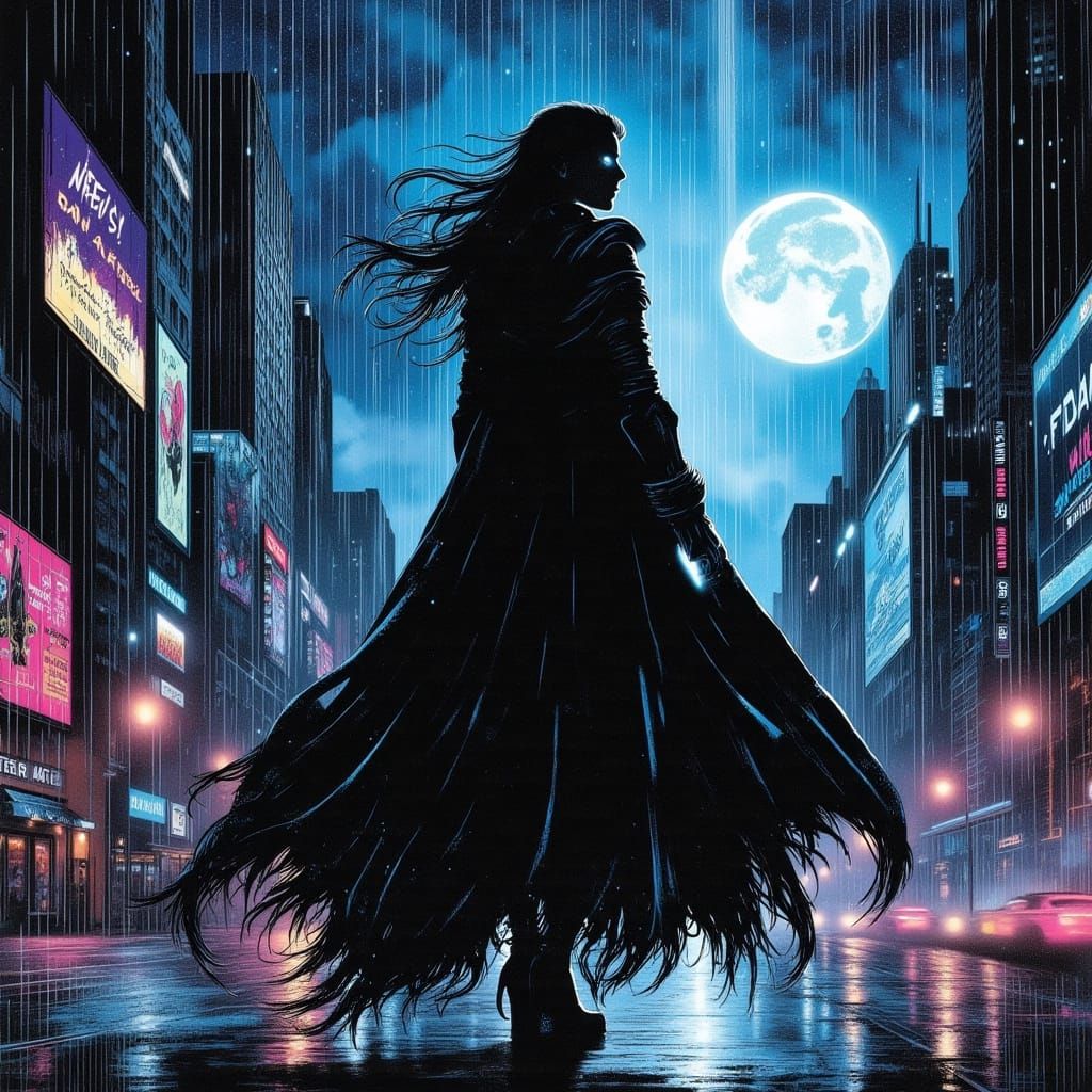 Sorceress Oversees Neon Cityscape in Street Art Style