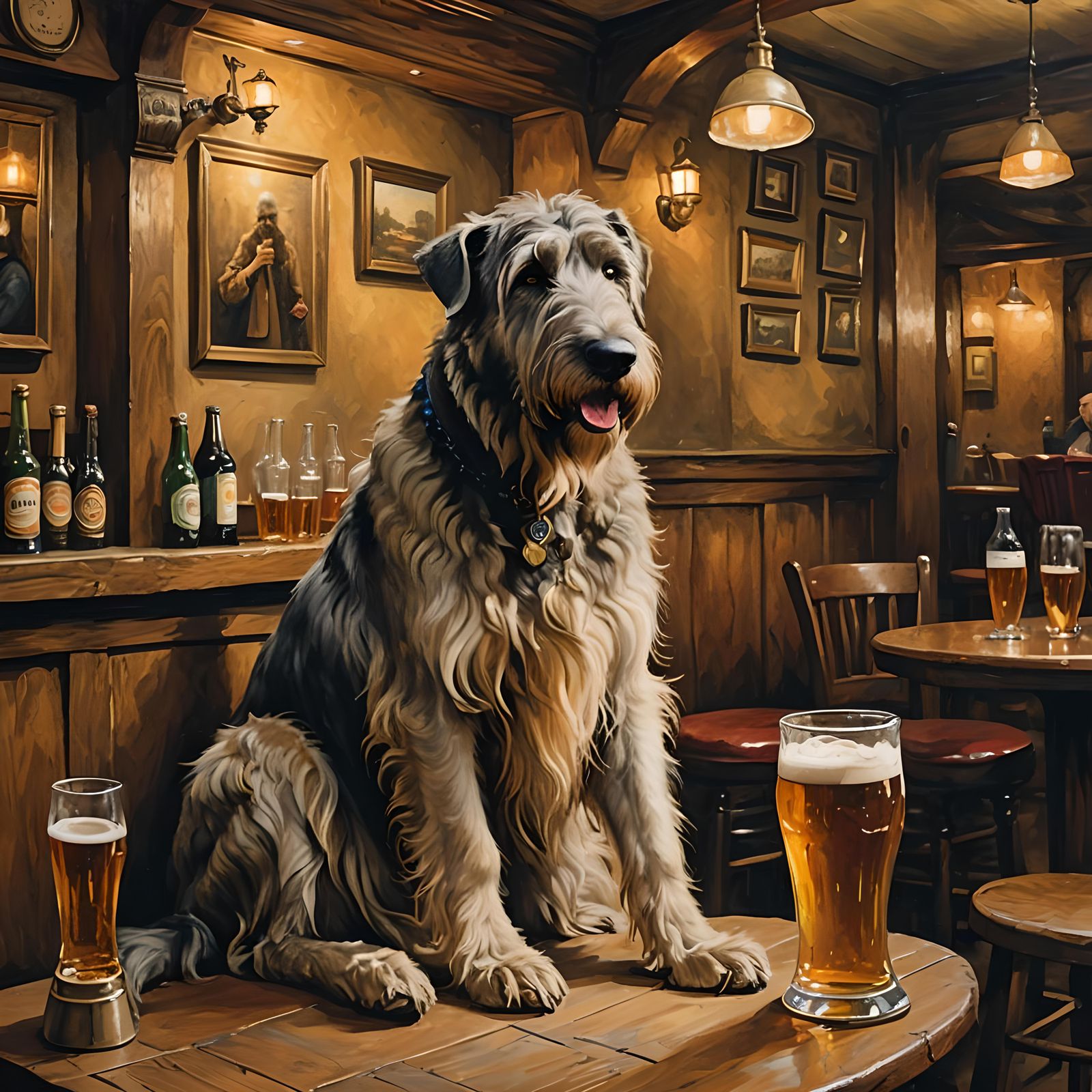 a painting in the style of Vermeer depicting a large, fluffy Irish wolfhound enjoying a pint of beer in a traditional pu...