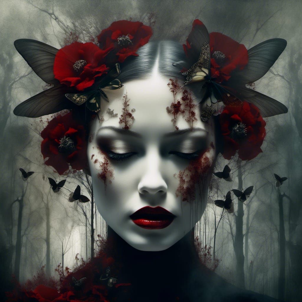 Macabre Portrait of Ghostly Woman in Decaying Forest