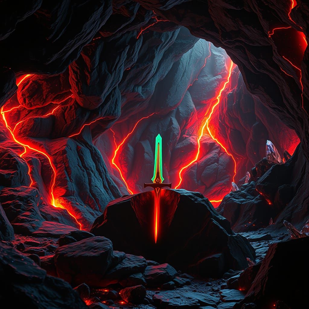 Obsidian Sword in Volcanic Grotto, Dreamlike Ambiance