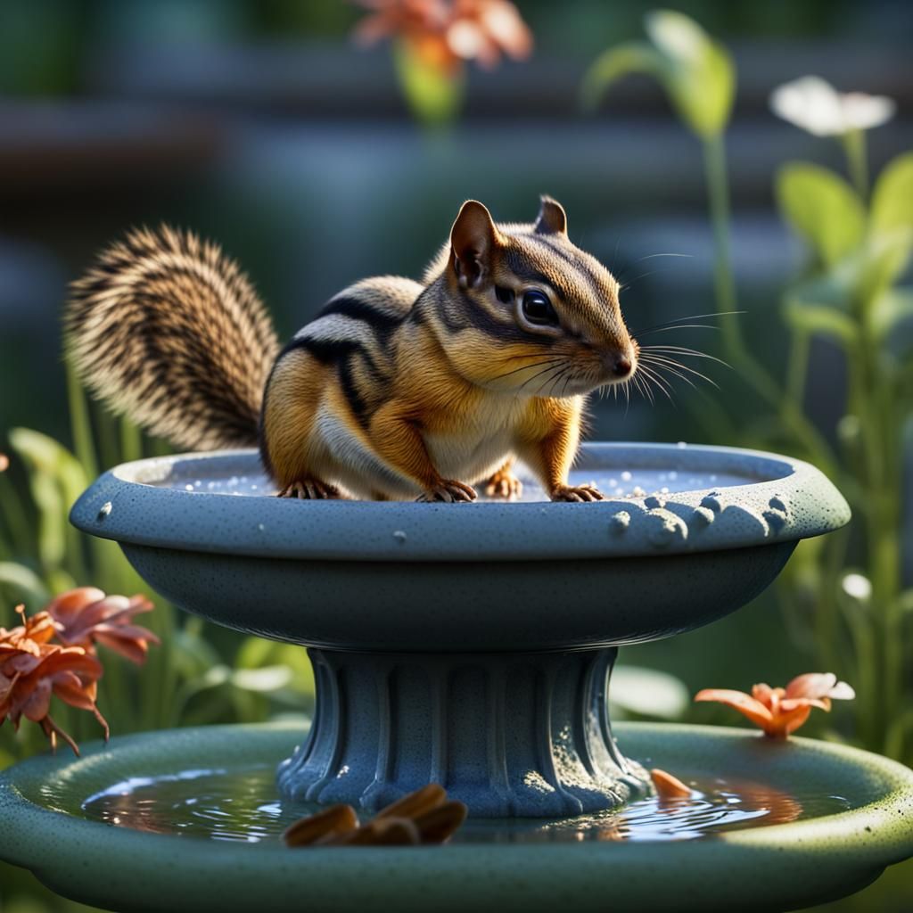 Hyper-Realistic Chipmunk in Birdbath with Cinematic Lighting