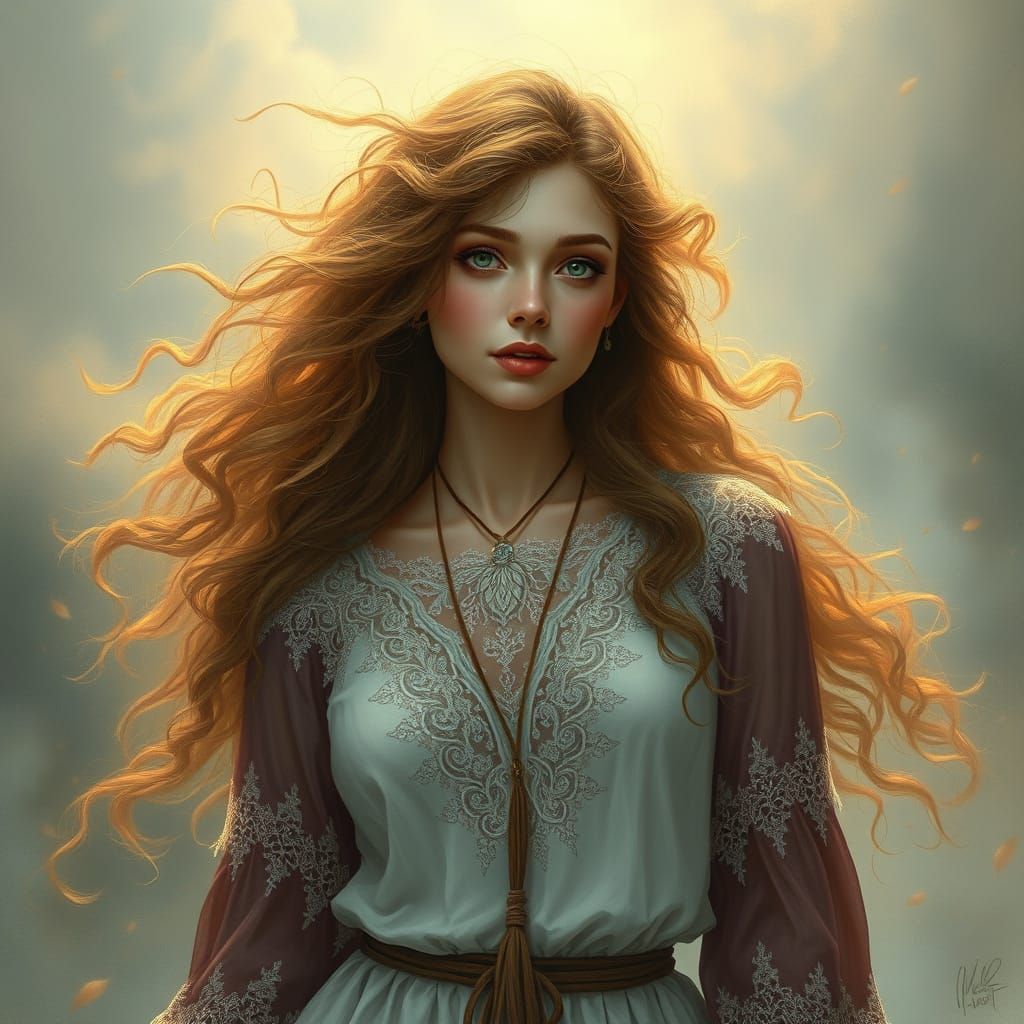 Dreamy Bohemian Woman in Enchanted Landscape