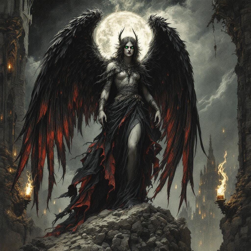 Gustave Doré Dark Angel Engraving with Emerald Eyes