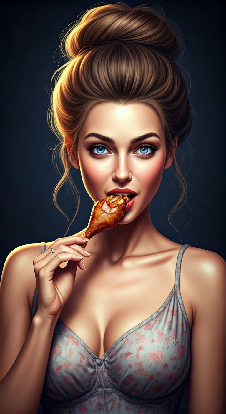 Ecstatic Woman Devouring Chicken Leg Portrait