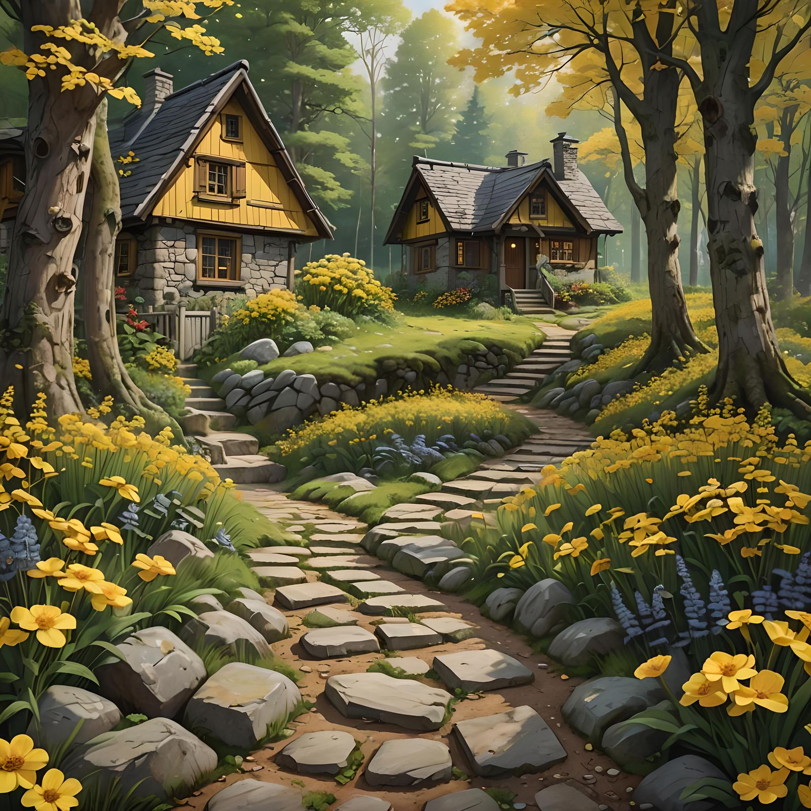 Stone Path Through Floral Forest to Cottage