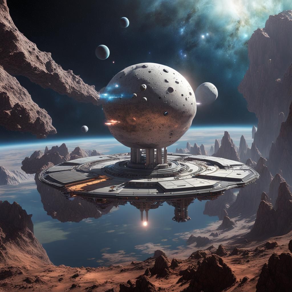 A space colony on a floating asteroid in a distant galaxy.