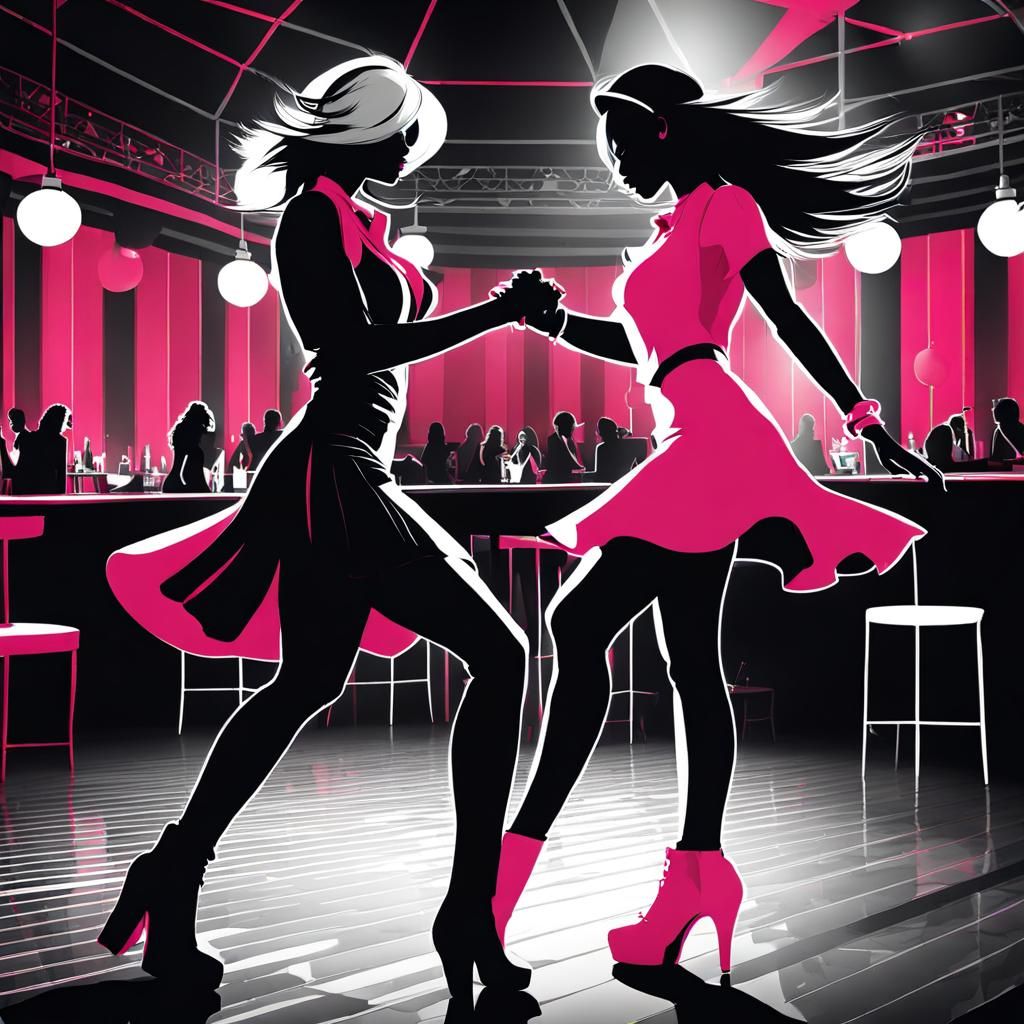 Lesbians Dancing in Club: Selective Color Concept Art