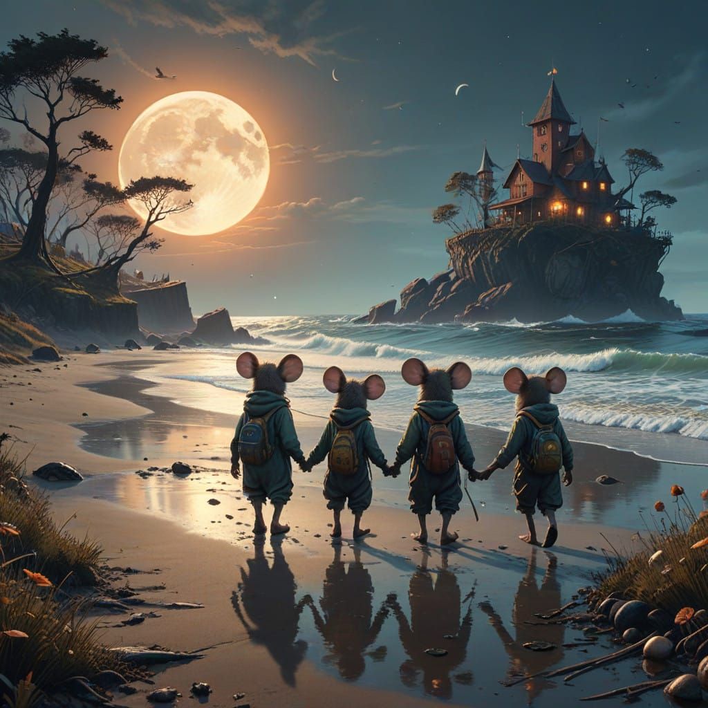 Mouse Family Strolls Under the Full Moon on a Serene Beach