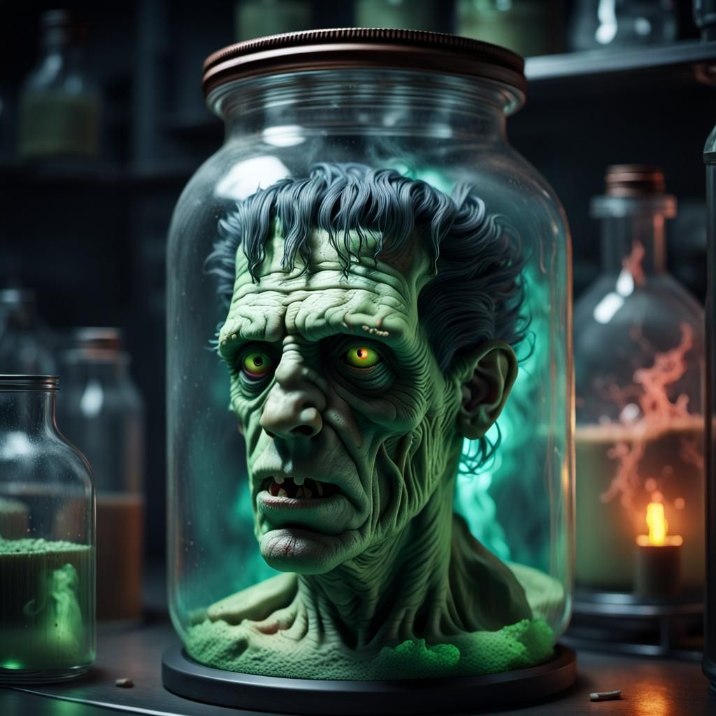 Frankenstein's Decaying Head in Jar: Art Nouveau Style