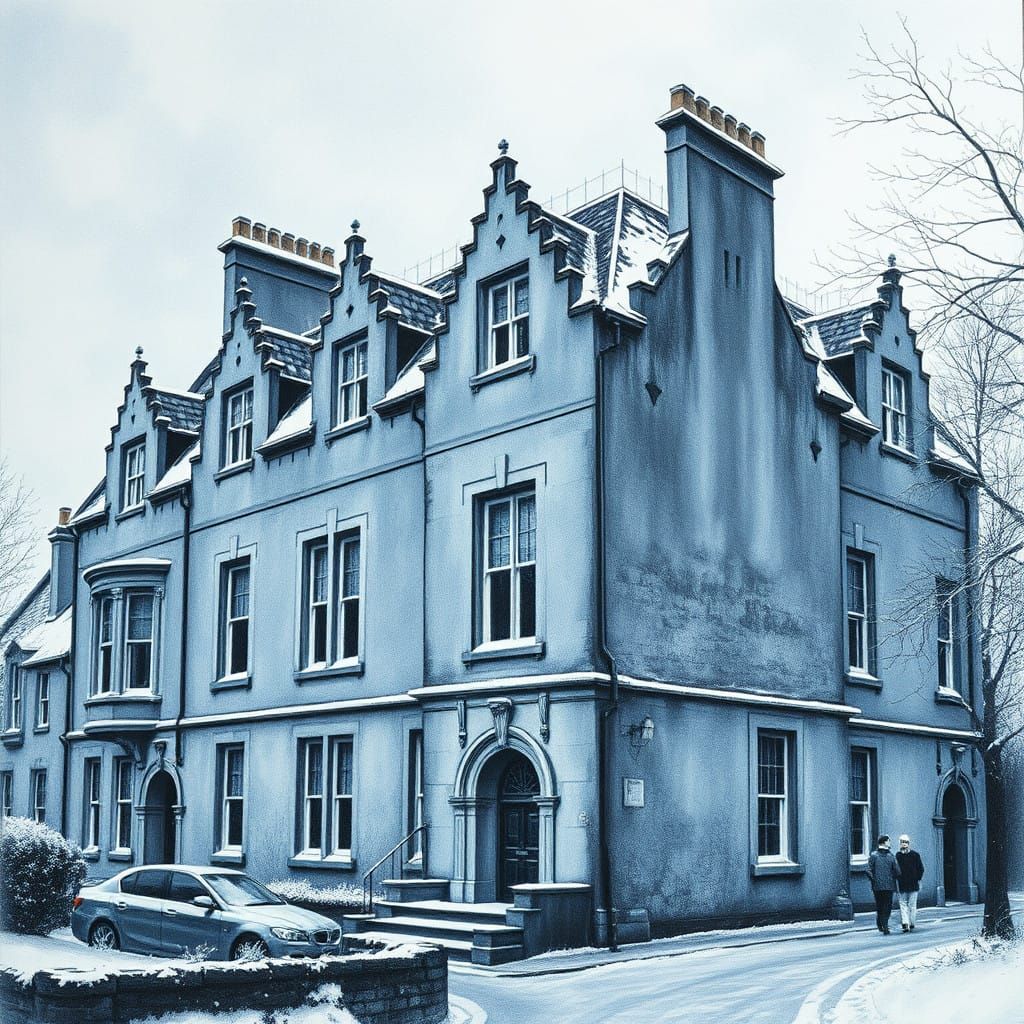 Historical Scottish Castle Winter Scene in Charcoal