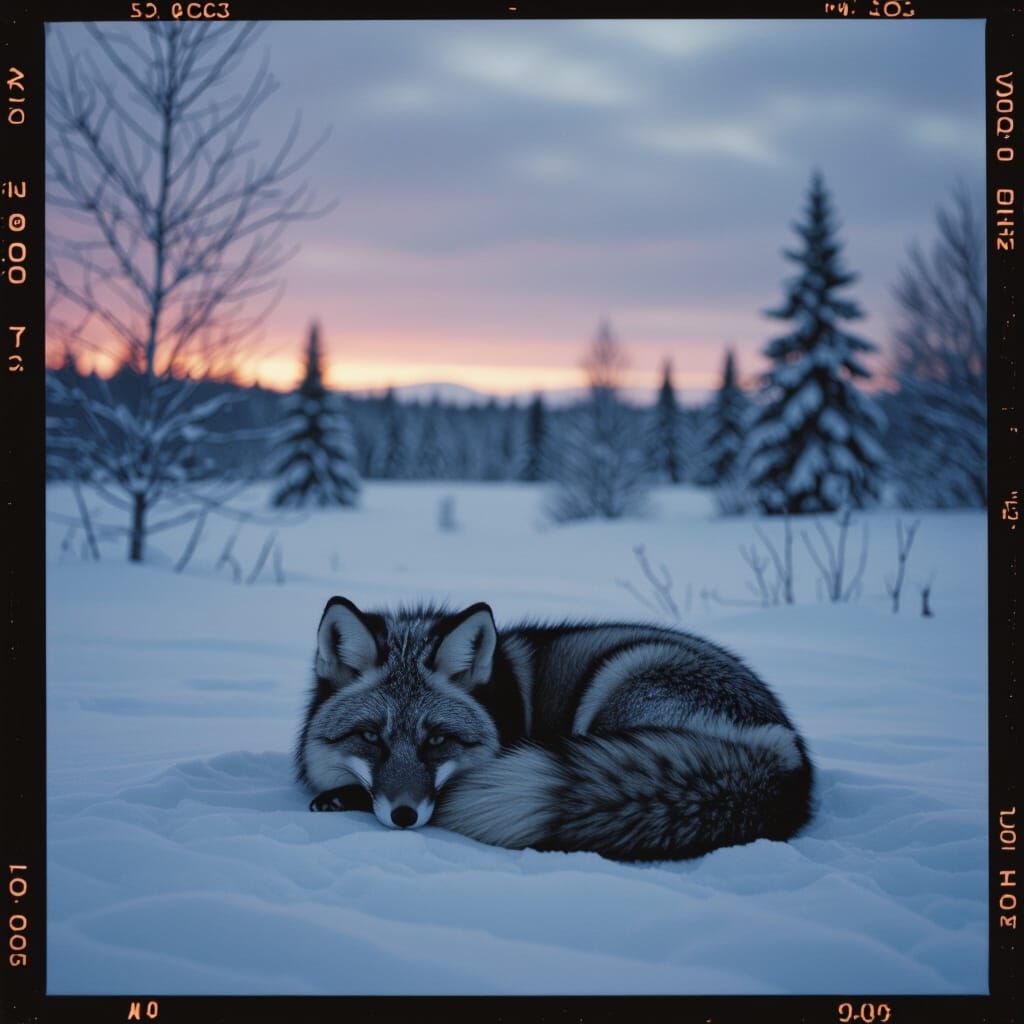 Silver Fox in Snowy Twilight Landscape