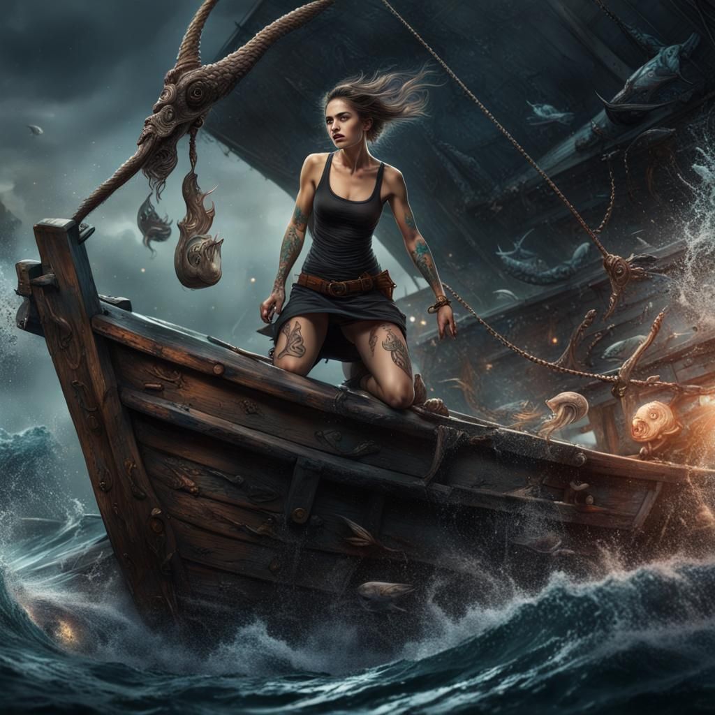 Girl's Tattoo Fight: Sea Monster Attack on Fishing Boat