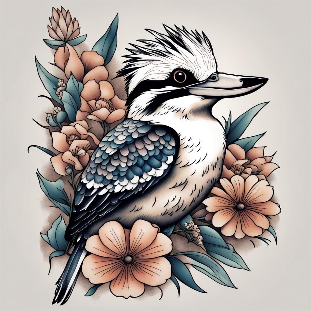 Kookaburra Tattoo Design with Flowers