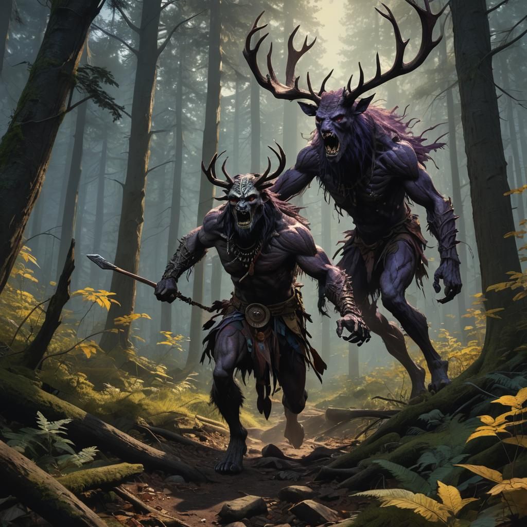 Dark Fantasy Wendigo Pursues Native American in Haunting Woo...