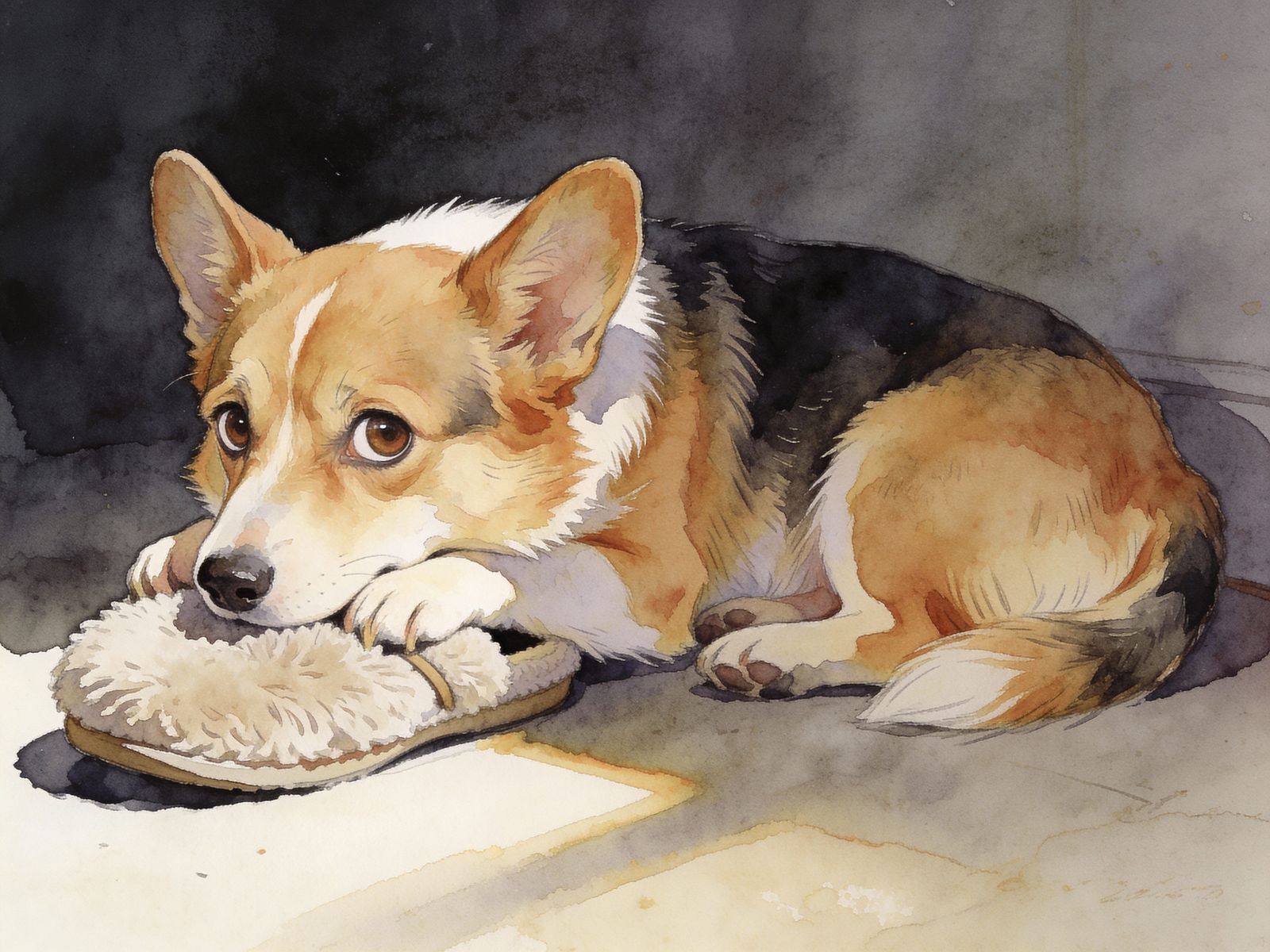 Sad Corgi Dog Looks Longingly at Fluffy Slipper