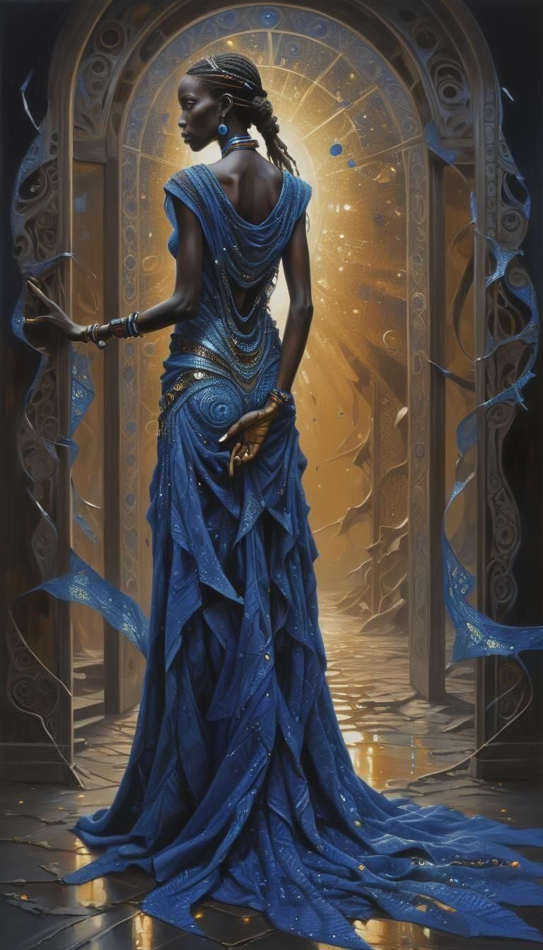 Ethereal Dinka Woman in Dark Fantasy Oil Painting