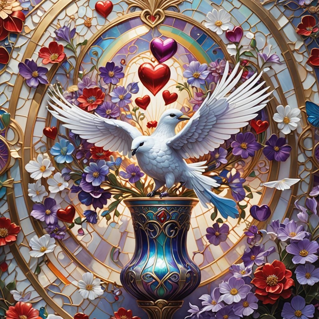 White Bird Flight Near Ornate Vase, Holographic Fantasy Art