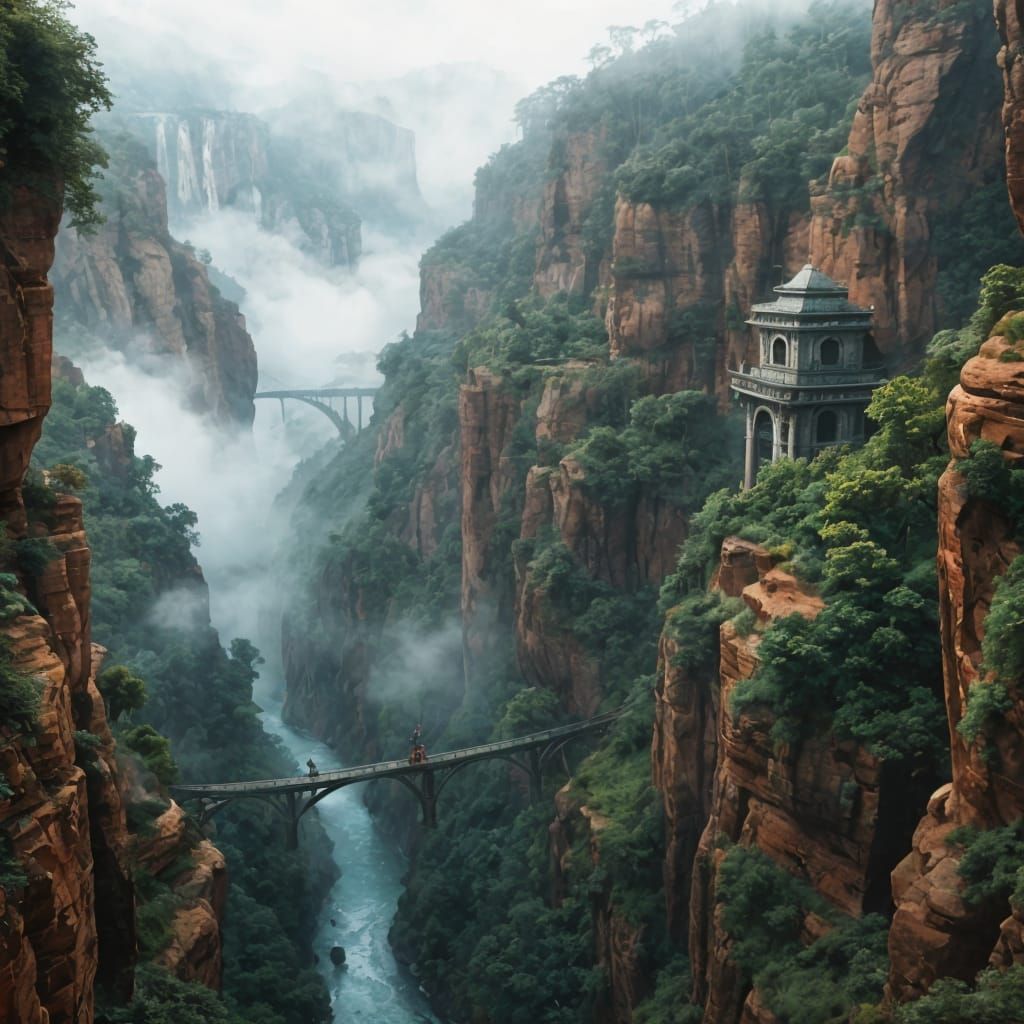 Fantastical Canyon Landscape with Lush Vegetation and Rope B...