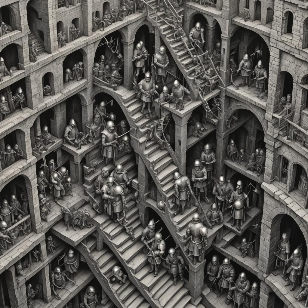 Knights on Impossible Stairs in Charcoal Style