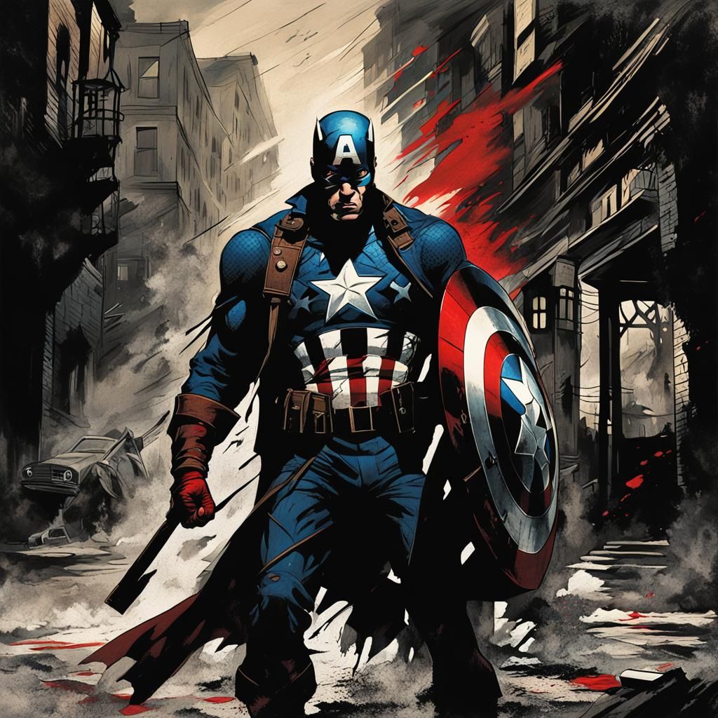 Gothic Noir Captain America in Dark Alley