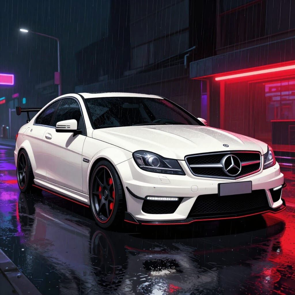 Dominant White Mercedes C63 in Rainy Seoul Night