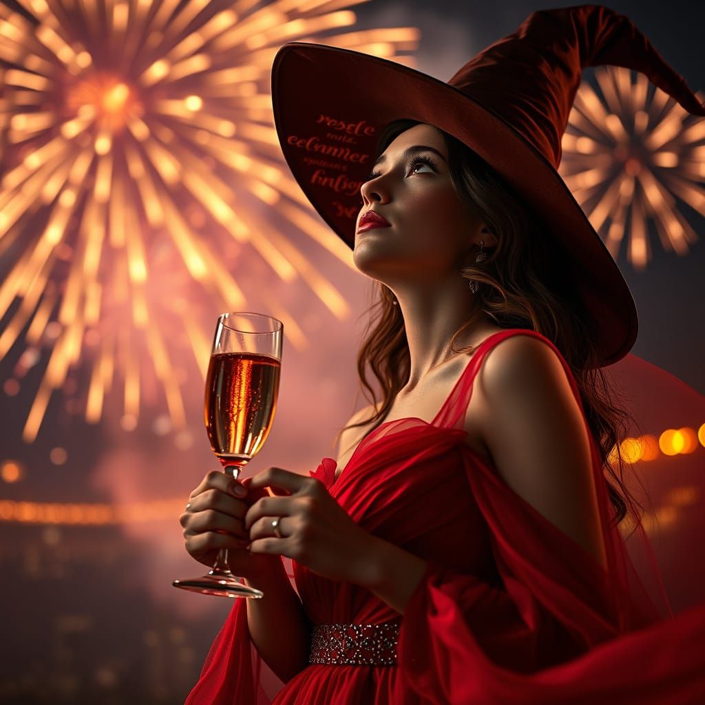 Witch in Red Dress Gazing at Fireworks with Champagne