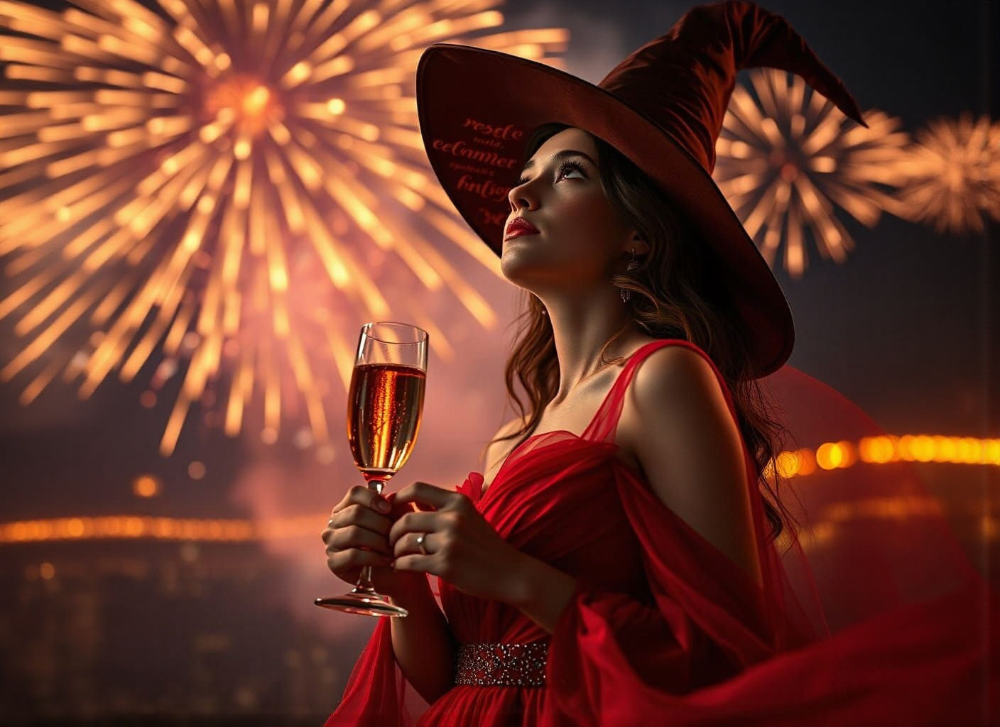 Beautiful Witch in Red Dress Watching Fireworks