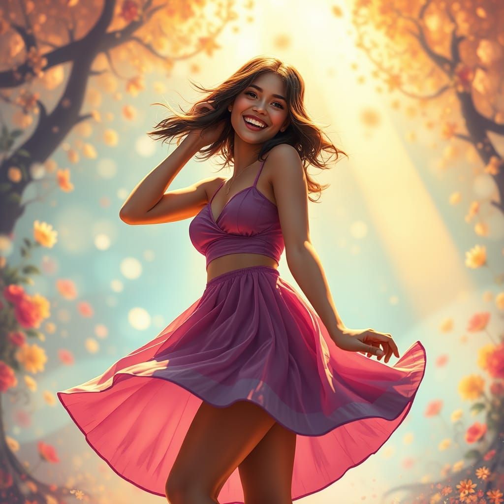 Radiant Woman Posing in Dreamlike Fantasy Scene
