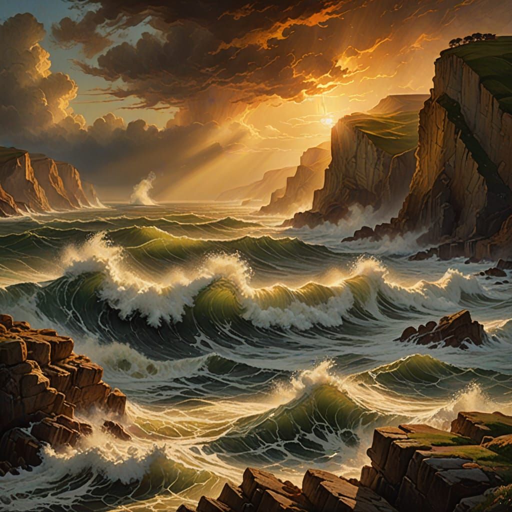 Waves Crash Against Cliffs in Romanticism Style