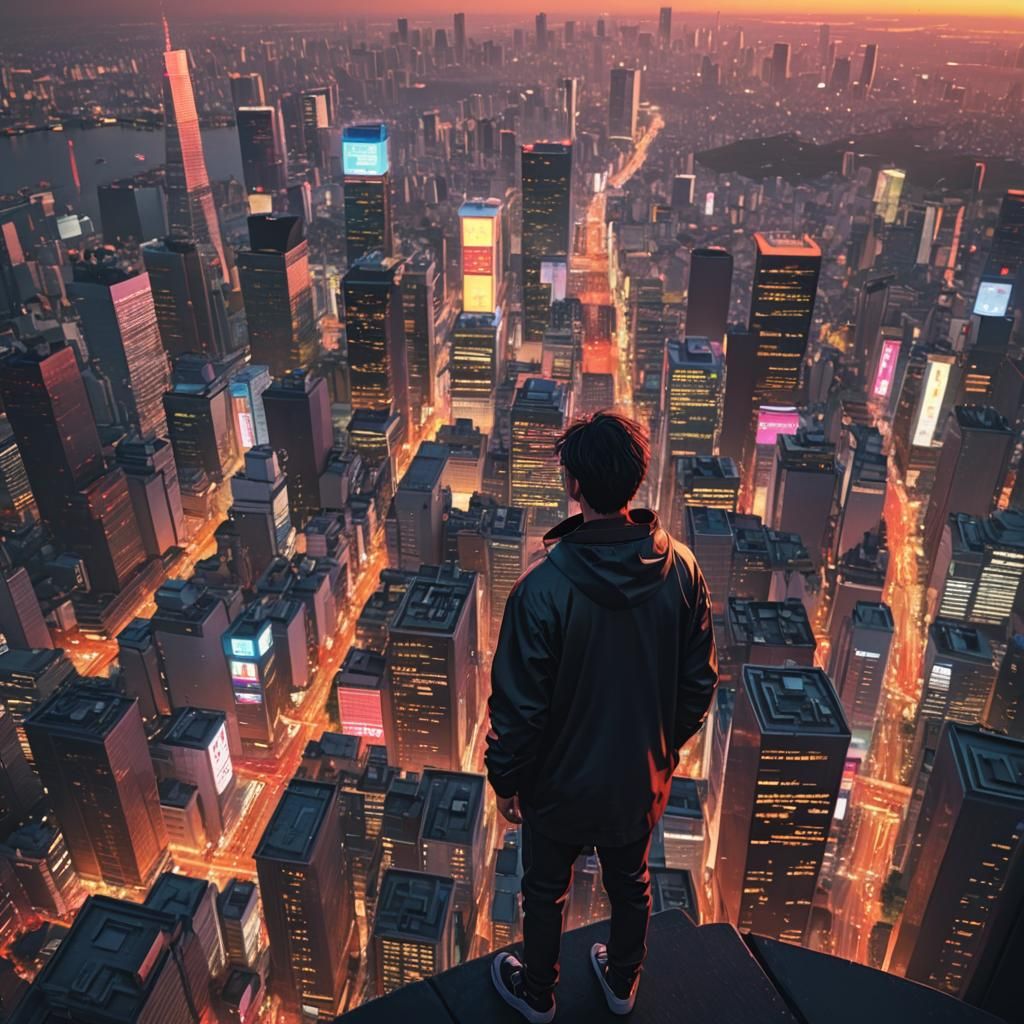 Tokyo Sunset: Man on Skyscraper, Photorealistic Neon Art