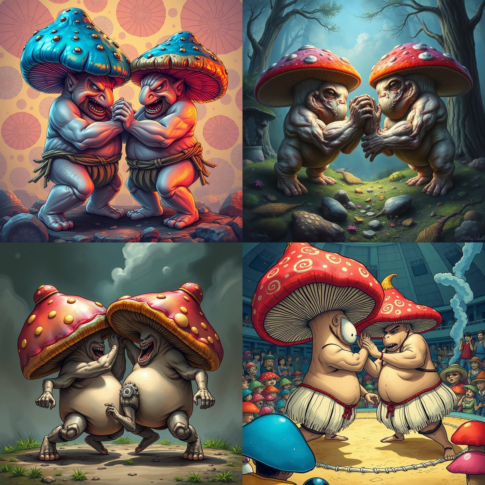 Mushroom Sumo Wrestlers in Epic Battle