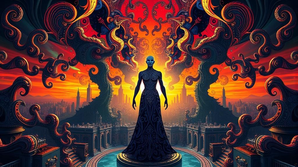 Kaleidoscopic Cosmic Humanoid in Fractal Cityscape