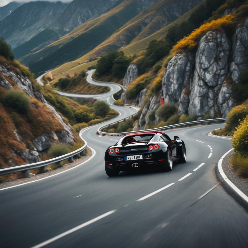 Sleek Black Sports Car on Mountain Road