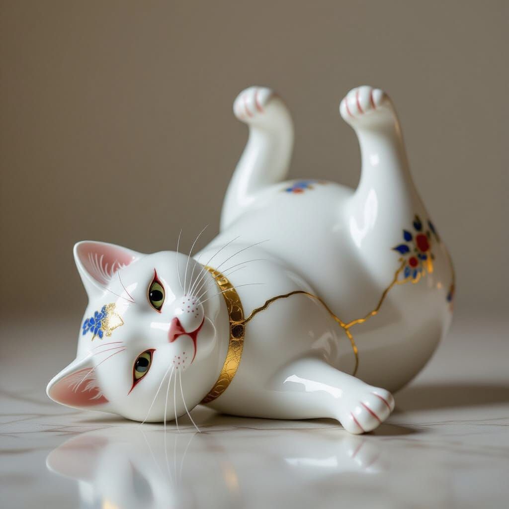 Kintsugi Porcelain Cat Statue with Russian Designs