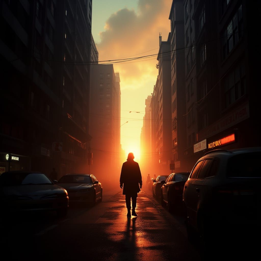 Dramatic Cityscape at Dusk: Lone Figure Emerges from Shadows